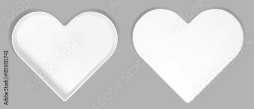 Open white heart box shown from top view with realistic shadow inside. 3d cardboard birthday gift mockup with empty interior and paper cover perspective. Vector valentine package above isolated