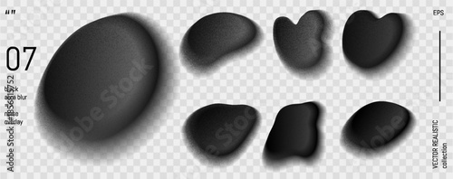 Aura gradient abstract black shape. Blurry blob set with watercolor noise texture. Fluid grey y2k element with soft monochrome ombre and grainy overlay. Liquid dark bubble with goth palette png spot