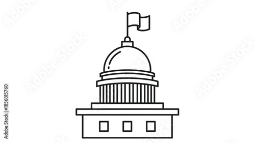 Simple line drawing of a capitol building with a dome and flag atop