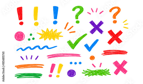 Collection of colorful hand-drawn punctuation marks and symbols on a white background
