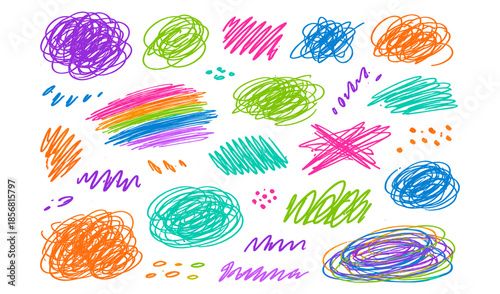 Collection of colorful scribbles and doodles on a white background