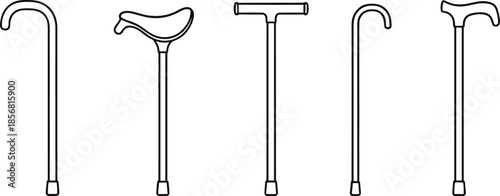Walking Cane Icon Set Black Outline Elderly Support Stick Vector Collection
