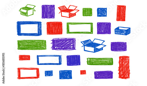 Hand-drawn colorful boxes and frames in a playful crayon art style
