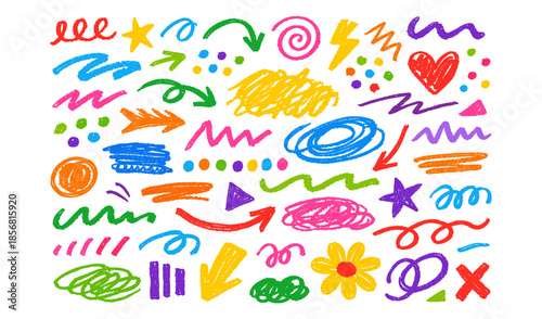 Wallpaper Mural Collection of colorful crayon scribbles, arrows, and shapes on a white background Torontodigital.ca