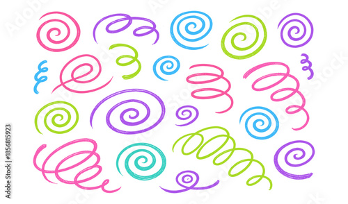 Collection of colorful hand-drawn swirl and spiral doodles on a white background