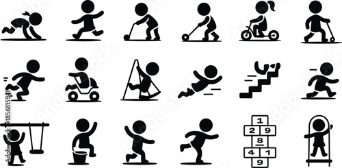 Fifteen black silhouette icons of children engaged in various activities Keywords: children, kids, playing, activities, running