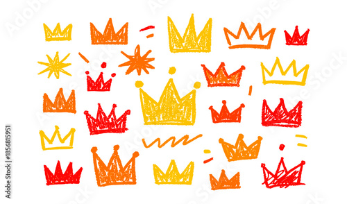 Collection of hand-drawn crowns in crayon style, vibrant colors on white background