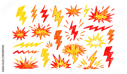 Collection of hand-drawn lightning bolts and explosion bursts in crayon style