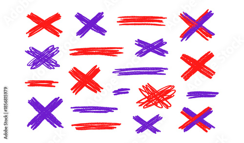 Collection of hand-drawn red and purple crosses and horizontal lines on white background