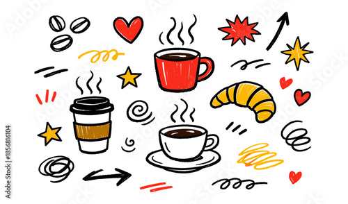 Hand-drawn coffee shop doodles with hot drinks, croissant, and hearts