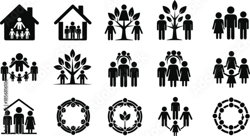 Icons of Family Units, Houses, Trees and Community Circles Keywords: family, icon, house, home, tree, people, community, group