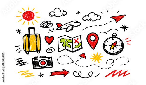 Doodle style travel icons including suitcase, airplane, map, and compass