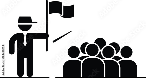 Leader with Flag and Followers Silhouette Icon Keywords: leader, flag, followers, group, team, business, concept, strategy