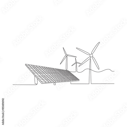 Line art illustration of solar panel and wind turbines sustainable energy sources