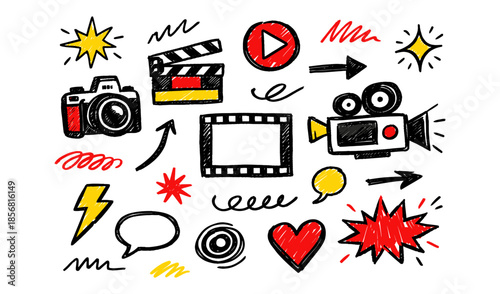 Doodle icons for filmmaking and photography with stars, hearts, and speech bubbles
