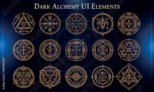 Set of Dark Fantasy Elements for user interface, poster, video. Alchemy magic HUD. Template for rpg game interface. Vector Illustration EPS10