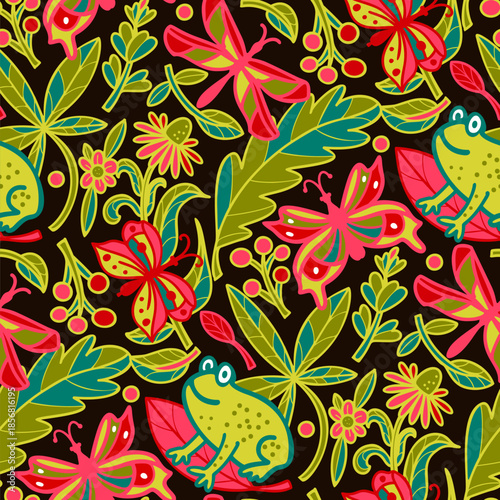 Seamless pattern with frogs, insects and flowers. Vector illustration.