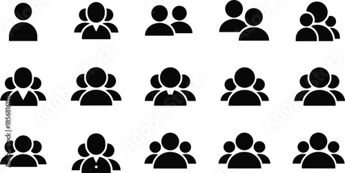 Set of black silhouette icons representing groups of people and individuals on white background silhouettes