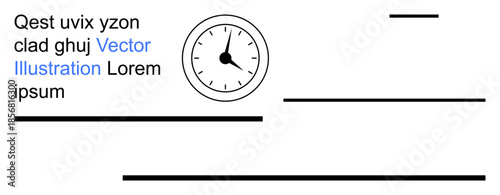 Time management, education, workplace design, templates, scheduling, creative layouts. A clock with hour markings, black lines and editable placeholder text. Time management and workplace design