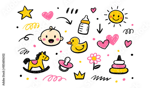 Cute baby shower doodles with toys, hearts, and sun in a playful crayon style