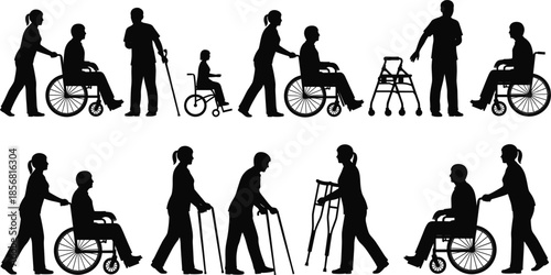 Silhouettes of People Assisting Others with Mobility Issues Keywords: assistance, help, support, care, disability, mobility