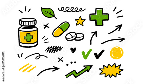 Doodle icons for health, medicine, and growth with arrows and checkmarks