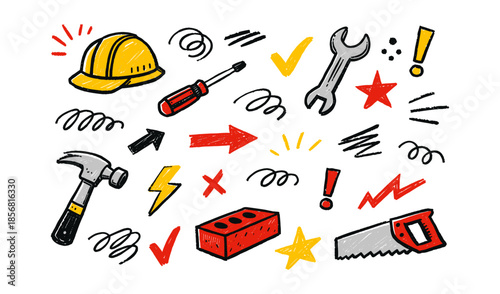 Doodle style construction and repair tools with decorative elements on white background