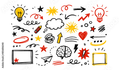 Collection of hand-drawn doodle elements representing ideas, creativity, and emotions