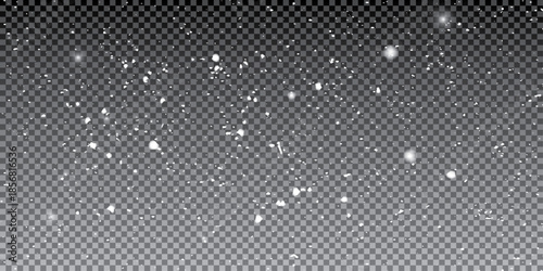 Soft scattered snow overlay background with floating bright flakes on transparent , gentle winter snowfall texture for dreamy scenes, festive photo 