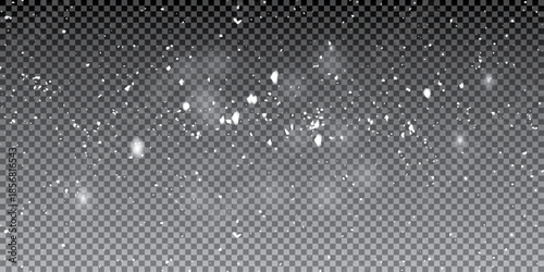 Soft scattered snow overlay background with floating bright flakes on transparent , gentle winter snowfall texture for dreamy scenes, festive photo 