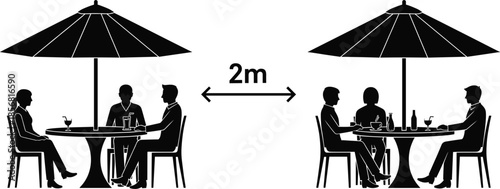 Social Distancing Concept Illustrating Two Tables with People Under Umbrellas distance safety