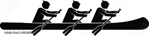 Three people in a canoe rowing together in black silhouette Keywords: canoe, rowing, people, group, teamwork, sport, activity