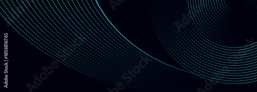 Dark blue abstract background with glowing circle and curved lines decoration. Modern and futuristic geometric line art design for banner, promotion and website.