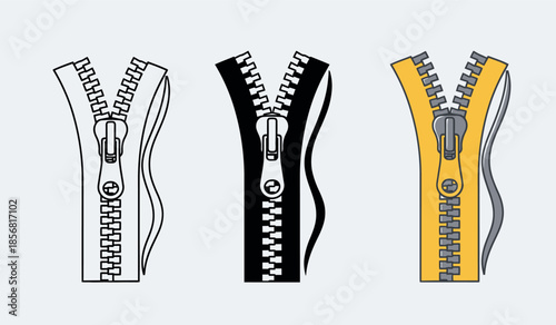 Three zipper illustrations in different colors and styles black yellow and white high-quality professional detailed