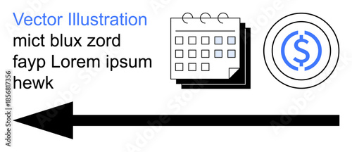 Financial planning, resource management, scheduling, time tracking, business analytics, goal setting. A calendar, dollar sign coin and arrow graphic. Financial planning and scheduling visualization