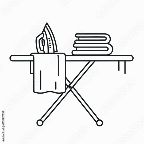 A simple line drawing depicts an ironing board with an iron and neatly folded laundry