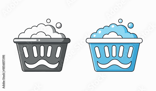 Illustration of two laundry baskets filled with soapy water bubbles gray and blue versions high-quality