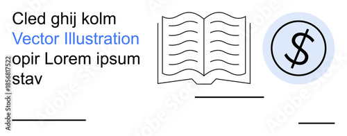 Financial literacy, education, publishing, economics, knowledge sharing, business training. Open book with wavy lines and a dollar sign icon. Financial literacy and education concept