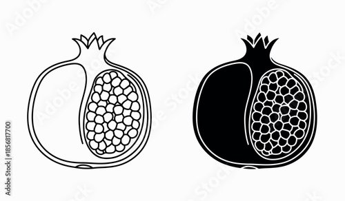 A detailed illustration showcases two contrasting depictions of a halved pomegranate fruit design high-quality professional