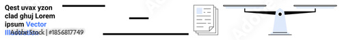 Legal analysis, document balance, digital validation, decision-making, data verification, comparison concepts. A document with scales and text elements. Legal analysis and document balance theme