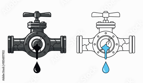 Illustration of two industrial valves one closed with a drop and one open with water