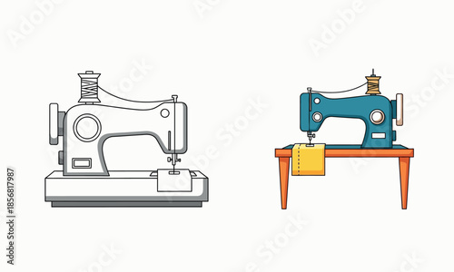 A detailed illustration depicting two vintage sewing machines with fabric one in color and one