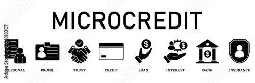 Microcredit icon set Blue Monochrome Flat Design concept for personal, profile, trust, credit, loan, interest, bank and insurance.