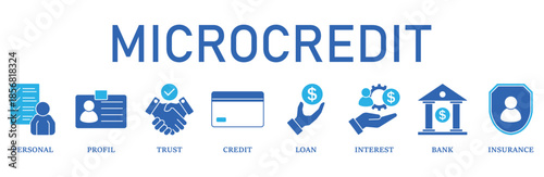 Microcredit icon set Blue Monochrome Flat Design concept for personal, profile, trust, credit, loan, interest, bank and insurance.