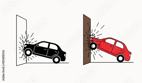 A symbolic illustration depicts two cars crashing through walls with impact and force high-quality professional