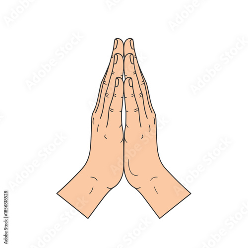 A simple illustration depicts two hands pressed together in a gesture of prayer or meditation