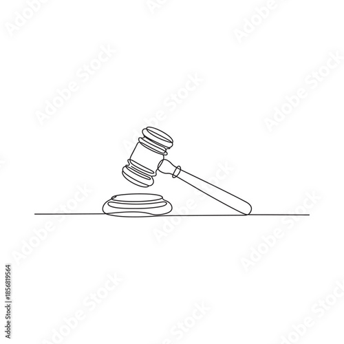 A simple line drawing depicting a gavel resting on a sound block