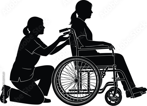 Caregiver assisting disabled woman in wheelchair silhouette, healthcare support rehabilitation assistance and compassionate caregiving concept illustration