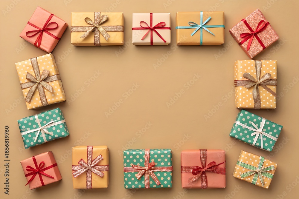 Fototapeta premium Soft gift box frame arranged on light brown background, warm neutral tones, minimal decoration, and spacious center for text