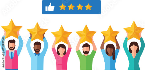 Five star customer satisfaction rating concept with diverse people holding golden stars, positive feedback review and quality service evaluation